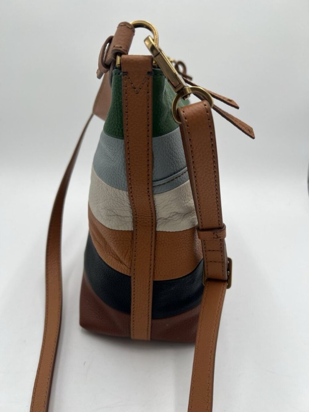 Fossil Julianna Hobo Bag Leather Colorblock Strip Shoulder Purse Key Charm EUC - Picture 12 of 16